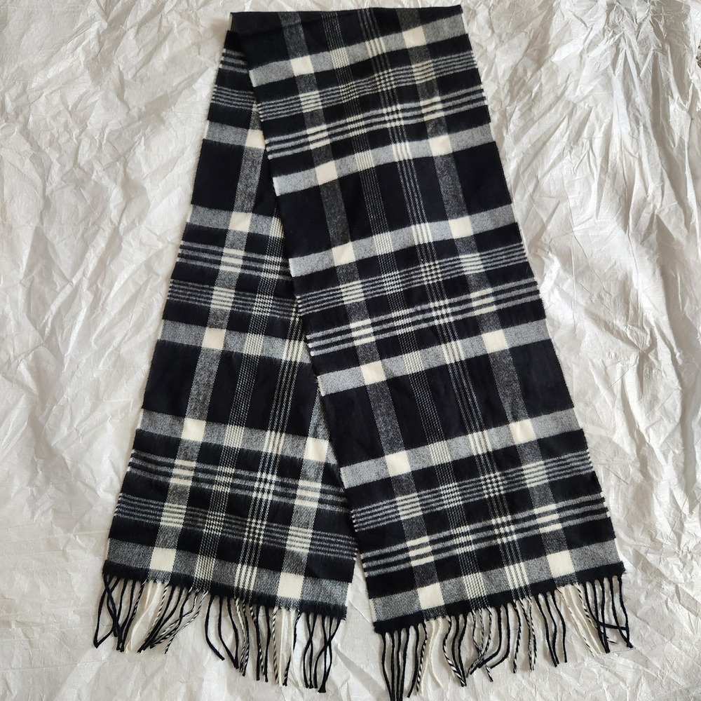 100% Cashmere Scarf Germany Black White Plaid Check Hand Tailored Quiet Luxury